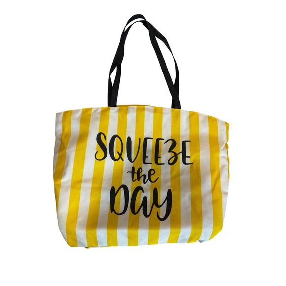 Yellow‎ Striped Tote Bag Squeeze The Day Magnetic Snap Closure Novelty - Picture 2 of 5